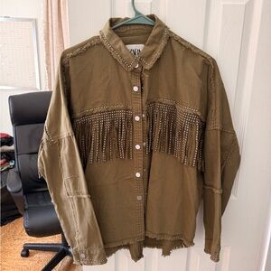 Zara Olive Green Studded Fringe Button-Up Jacket